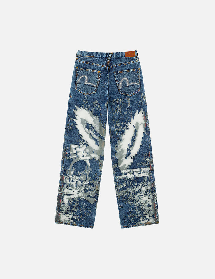 Seagull Embroidery Fashion Fit Burn-Out Fashion Fit Jeans