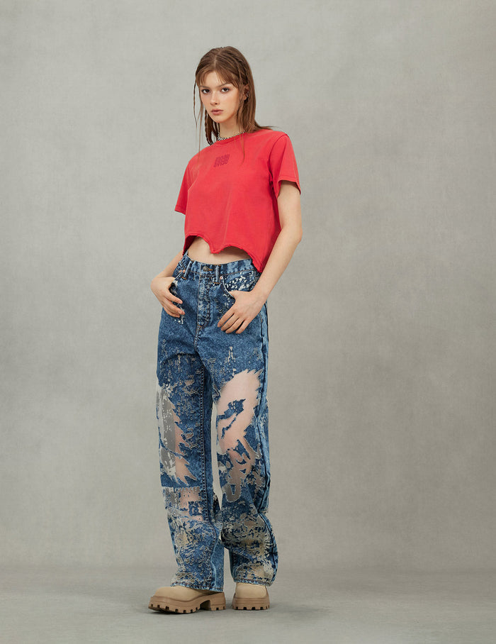 Seagull Embroidery Fashion Fit Burn-Out Fashion Fit Jeans