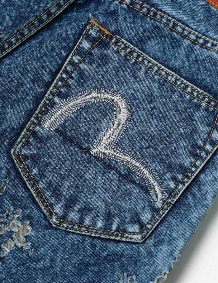 Seagull Embroidery Fashion Fit Burn-Out Fashion Fit Jeans