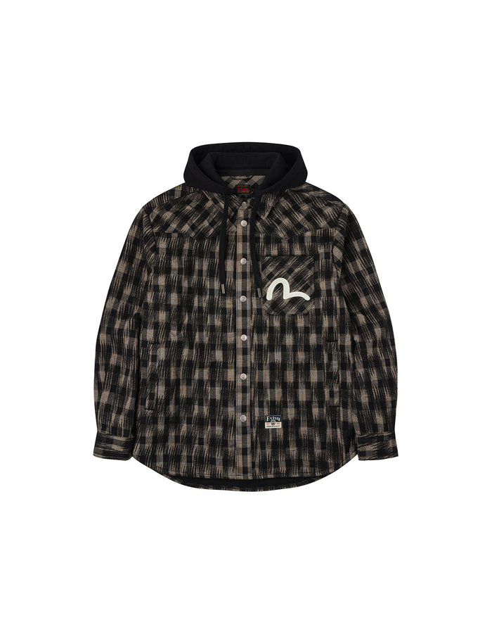 Seagull Embroidery Relax Fit Hooded Checked Shirt Jacket