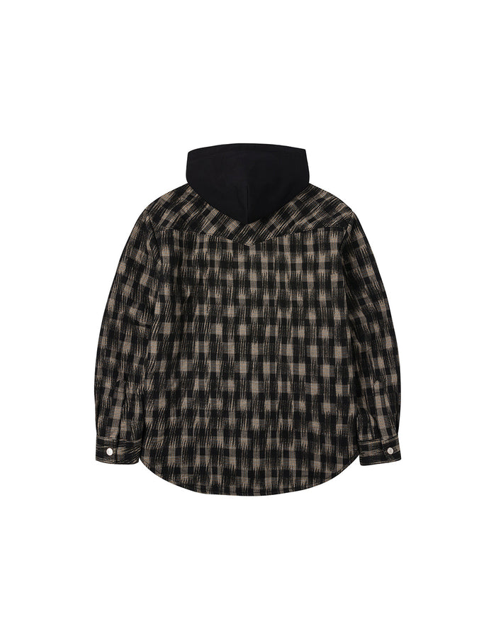 Seagull Embroidery Relax Fit Hooded Checked Shirt Jacket