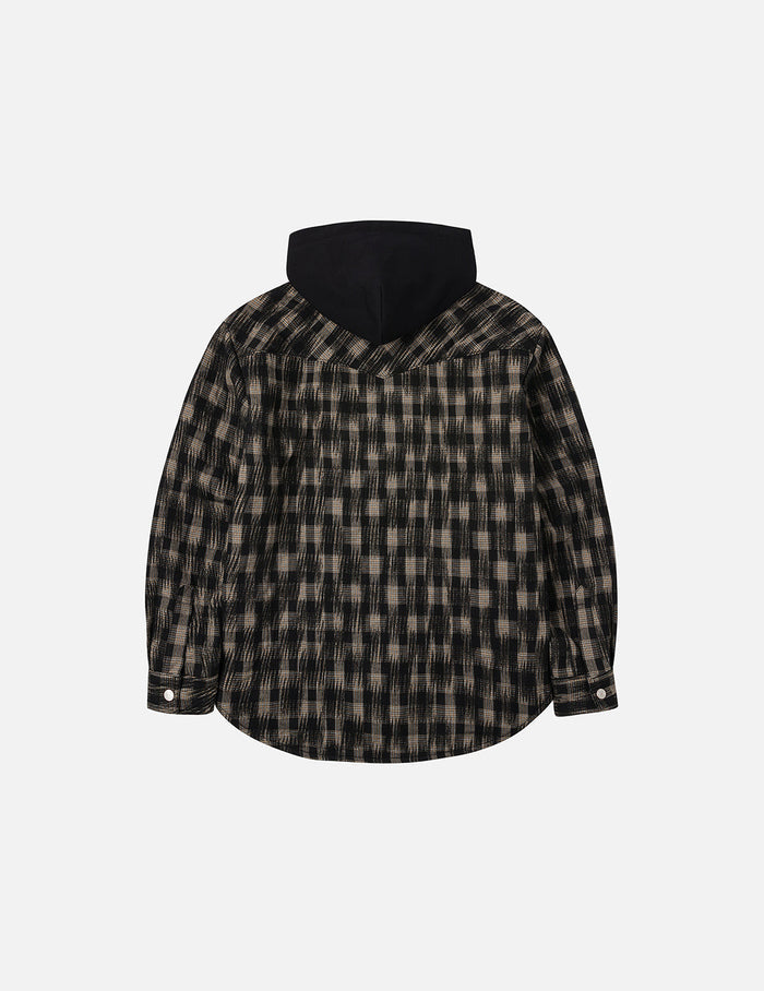 Seagull Embroidery Relax Fit Hooded Checked Shirt Jacket