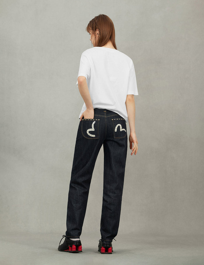 Seagull Embroidery with Metal Studs Relax Fit Jeans