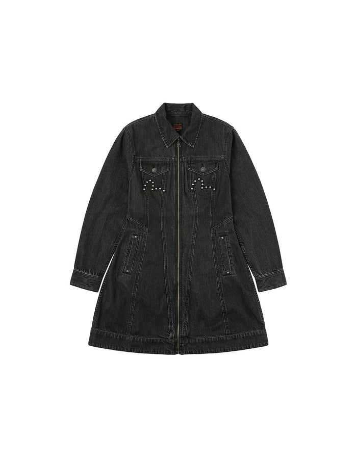 Seagull Embroidery with Studs Fashion Fit Denim Zipper Dress
