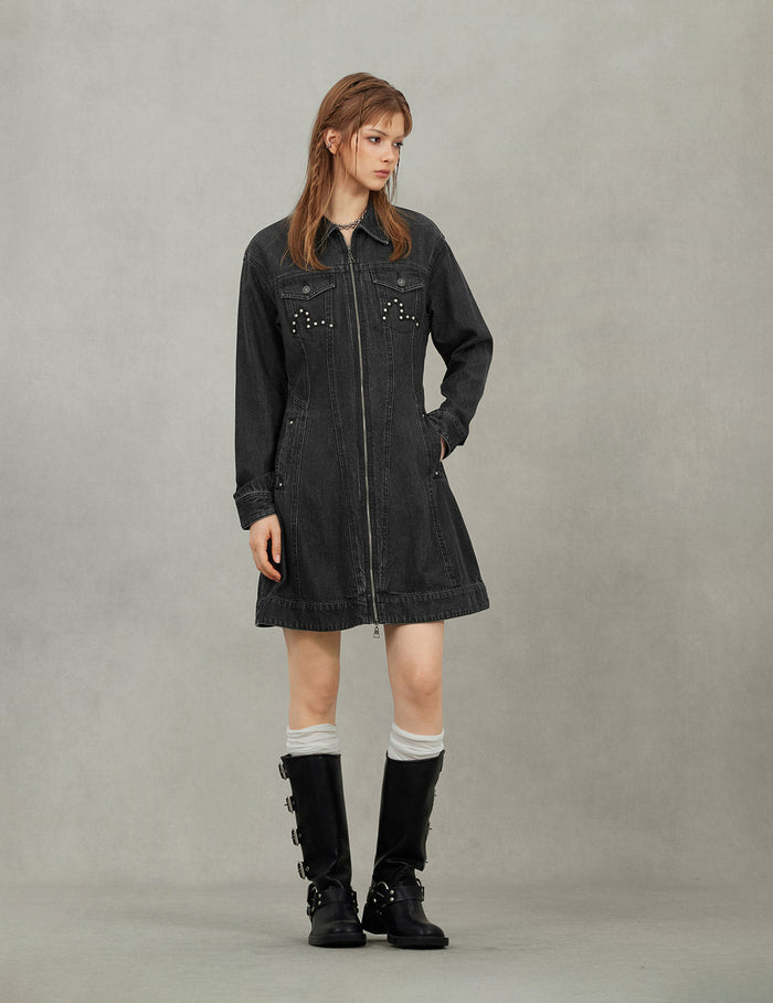 Seagull Embroidery with Studs Fashion Fit Denim Zipper Dress