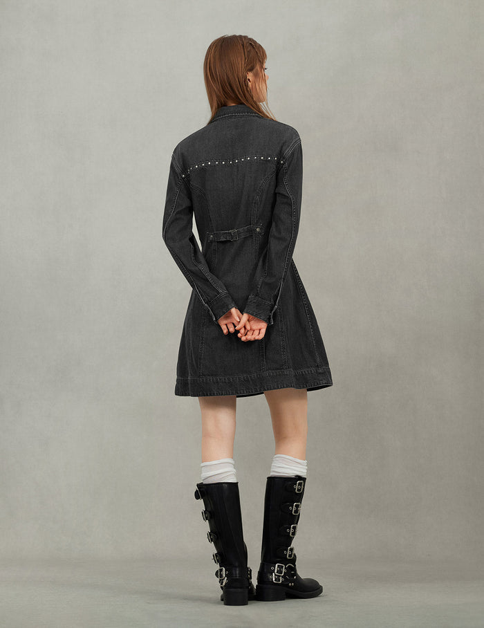 Seagull Embroidery with Studs Fashion Fit Denim Zipper Dress