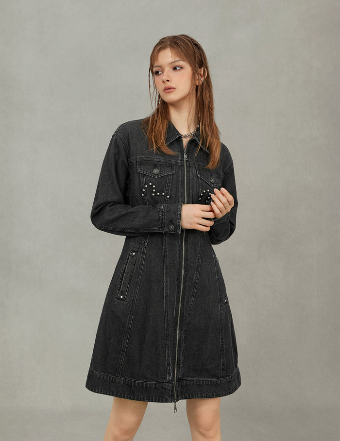 Seagull Embroidery with Studs Fashion Fit Denim Zipper Dress