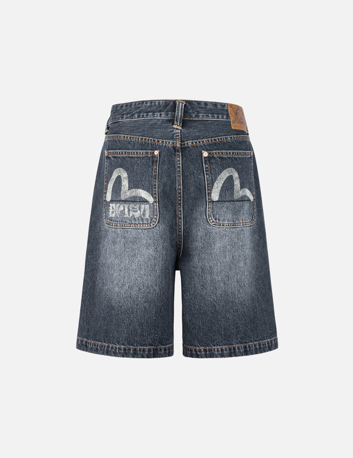 Seagull Print Pockets Oversized Worker Denim Shorts
