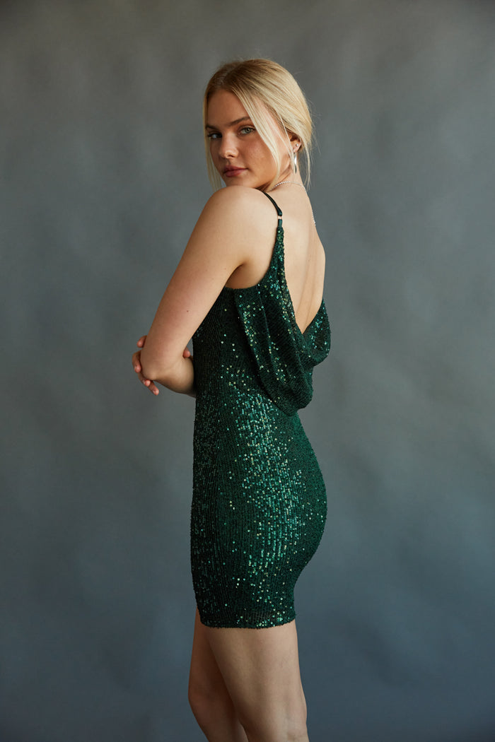 emerald green sequin open back bodycon mini dress | festive cocktail dress boutique