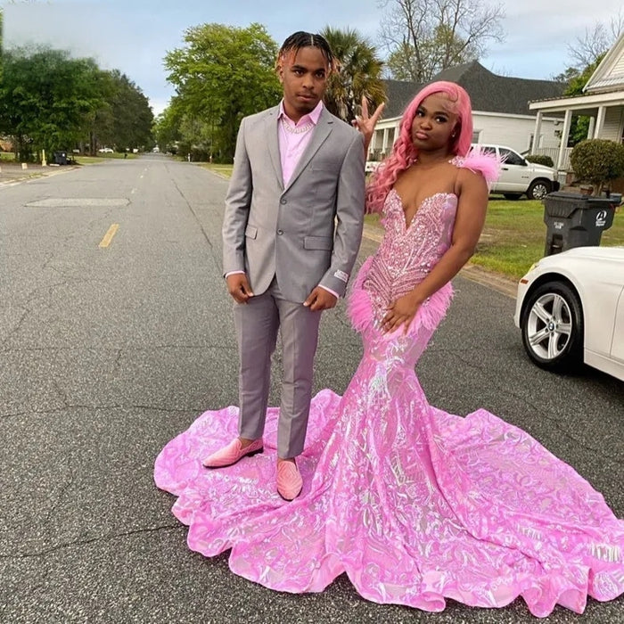 Sequin Beading Feather Mermaid  Prom Gown - Envious Designs