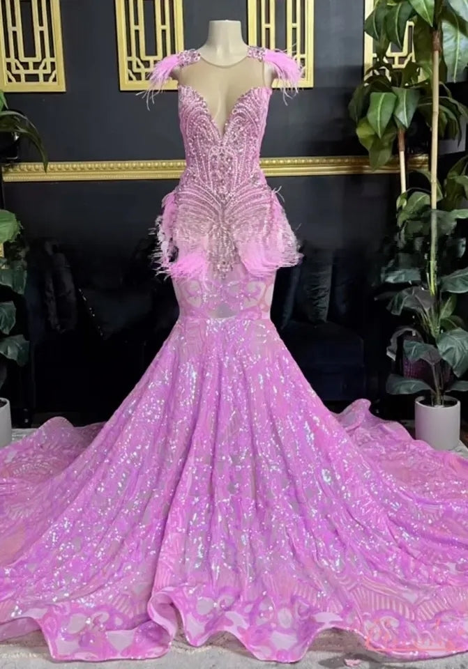 Sequin Beading Feather Mermaid  Prom Gown - Envious Designs