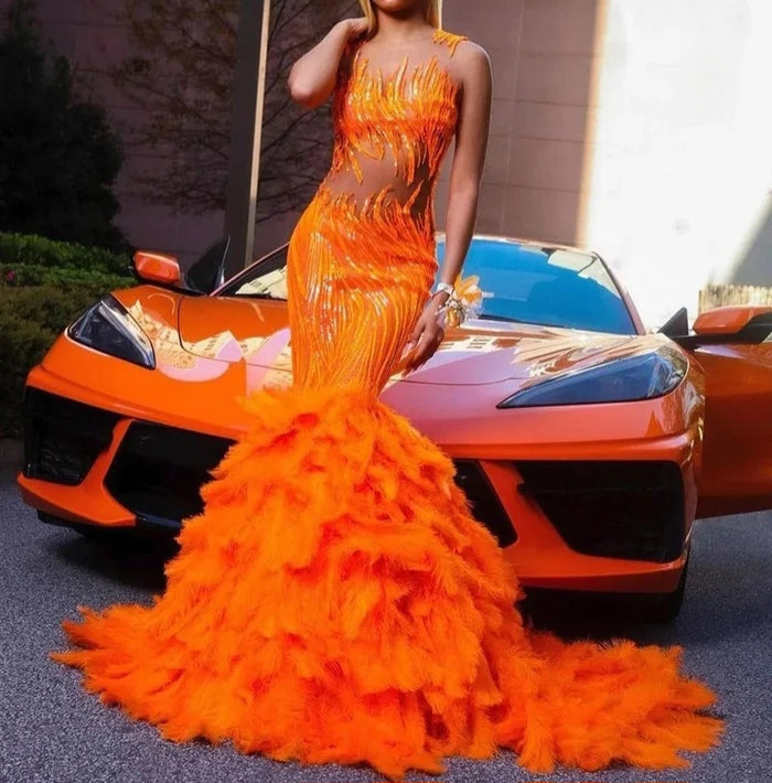 Sequin Feathers Orange Mermaid Prom Dresses - Envious Designs