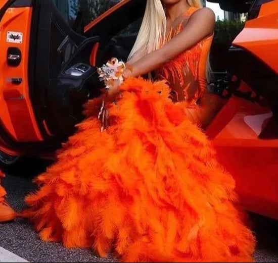 Sequin Feathers Orange Mermaid Prom Dresses - Envious Designs