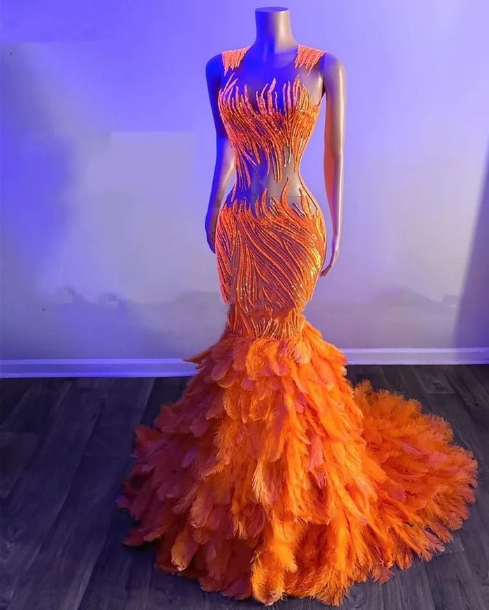 Sequin Feathers Orange Mermaid Prom Dresses - Envious Designs