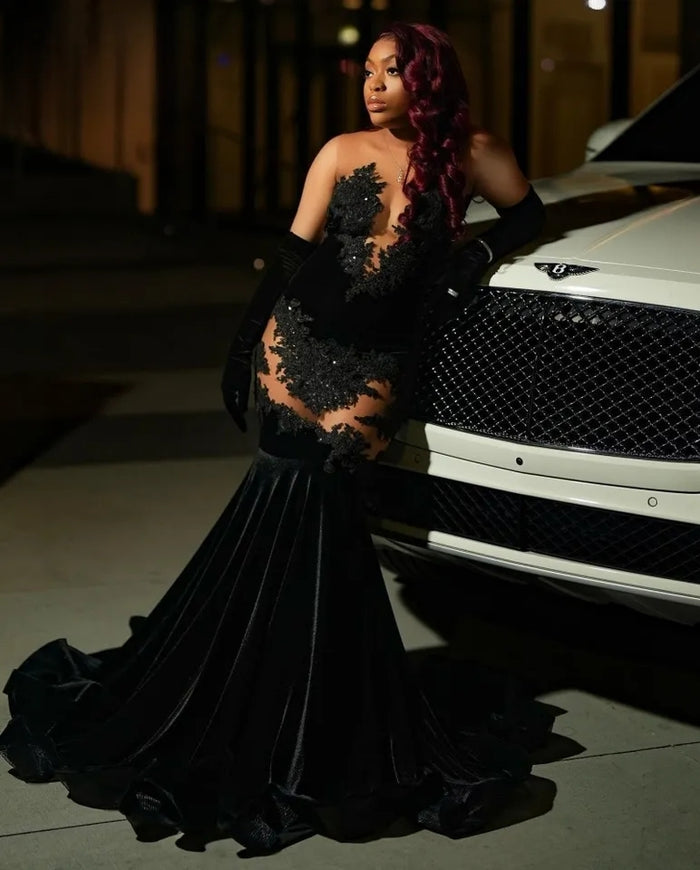 Sexy Black Mermaid Prom Dresses Lace Velvet Party Gown Sequin - Envious Designs
