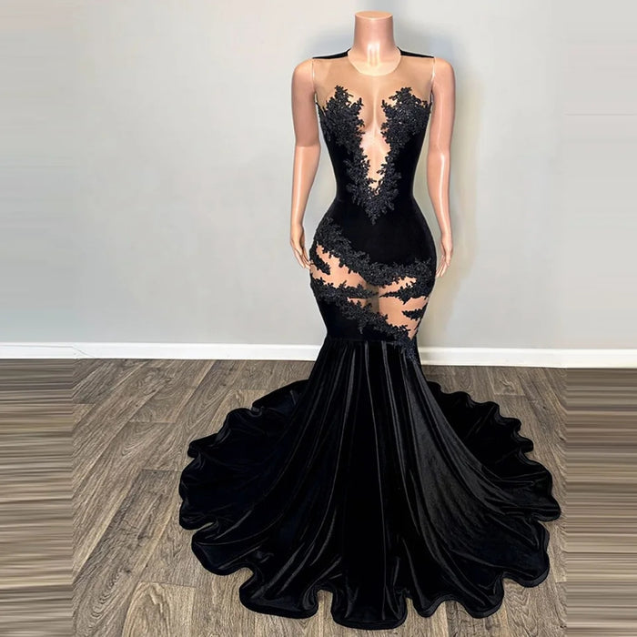 Sexy Black Mermaid Prom Dresses Lace Velvet Party Gown Sequin - Envious Designs