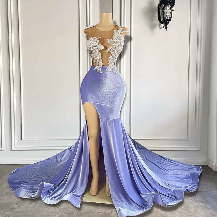 Sexy Lavender Mermaid Prom Dress with High Slit and Sheer Luxury Beading