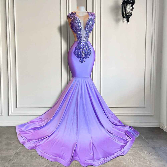 Sexy Mermaid Handmade Beaded Diamond Lavender Mermaid Prom Dress