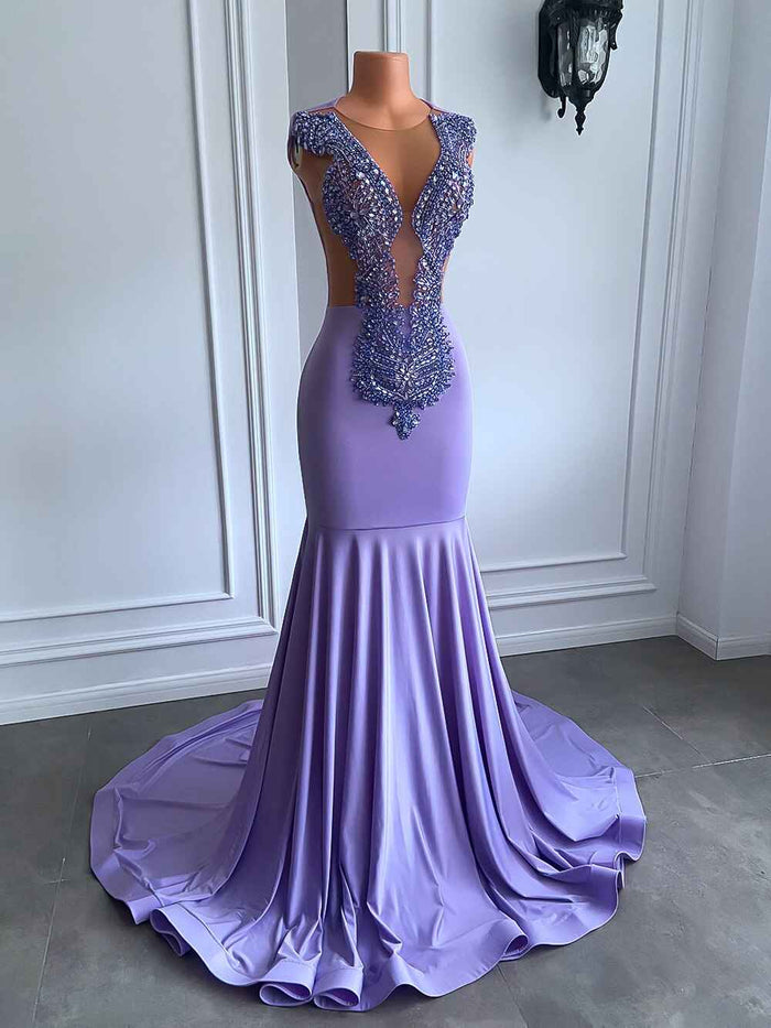 Sexy Mermaid Handmade Beaded Diamond Lavender Mermaid Prom Dress