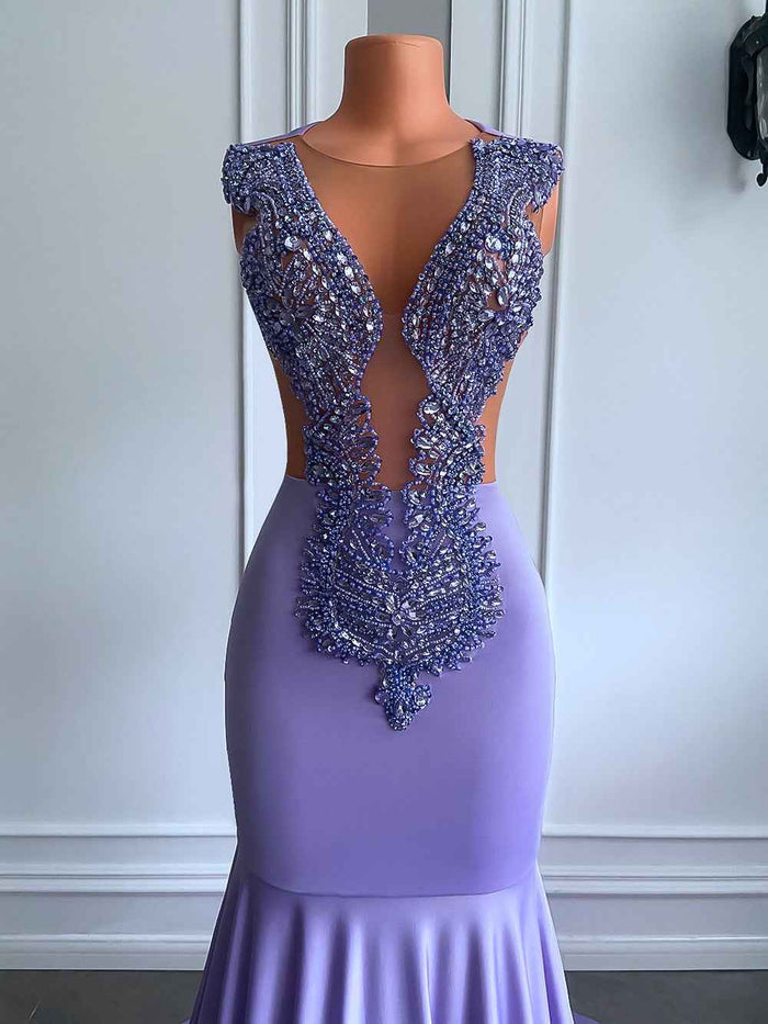 Sexy Mermaid Handmade Beaded Diamond Lavender Mermaid Prom Dress