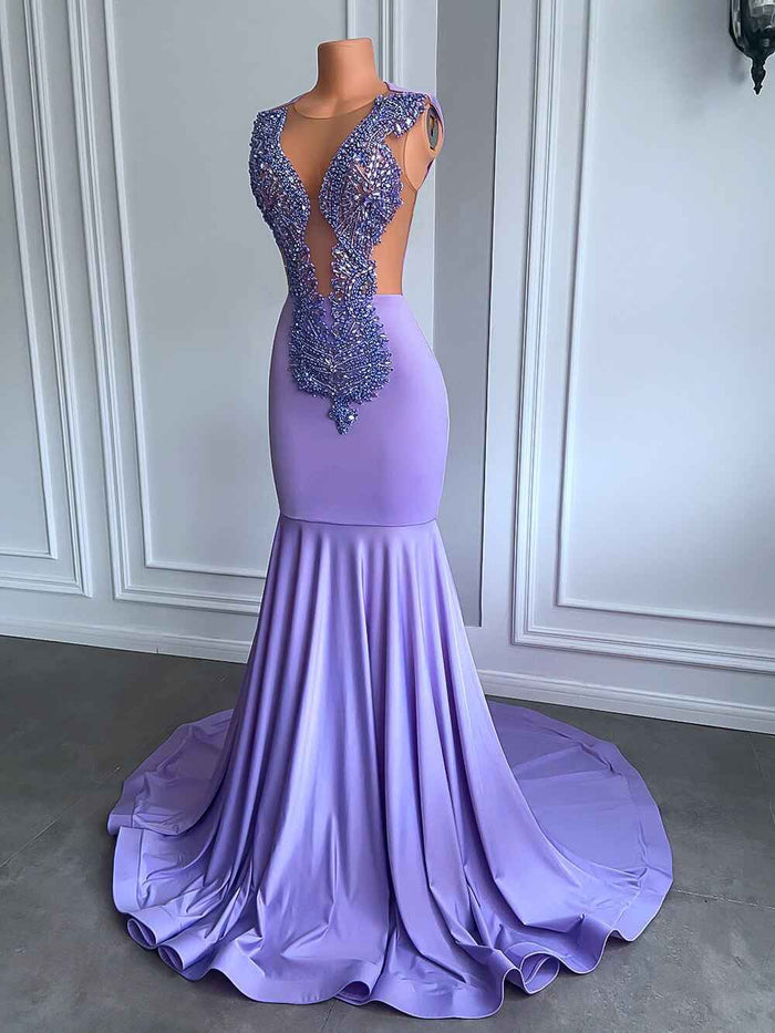Sexy Mermaid Handmade Beaded Diamond Lavender Mermaid Prom Dress