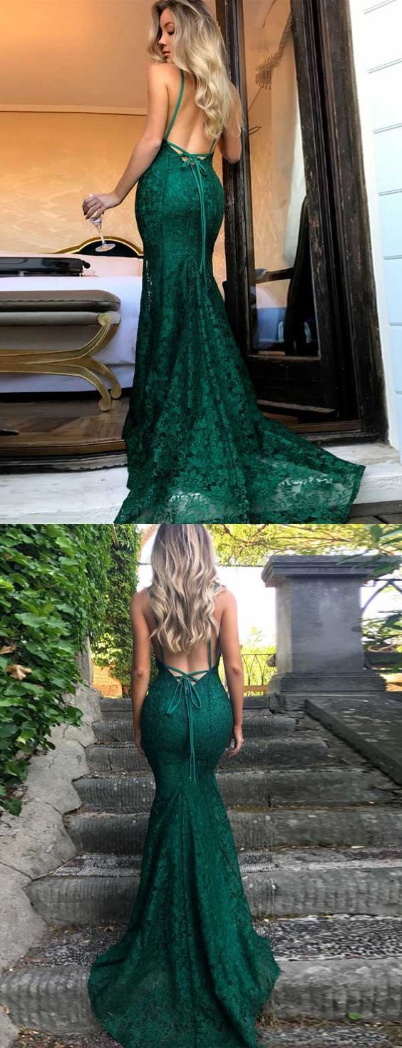 Sexy Spaghetti Straps Trumpet/Mermaid Dark Green Lace Prom Dress/ Formal Dress/ Bridesmaid Dress