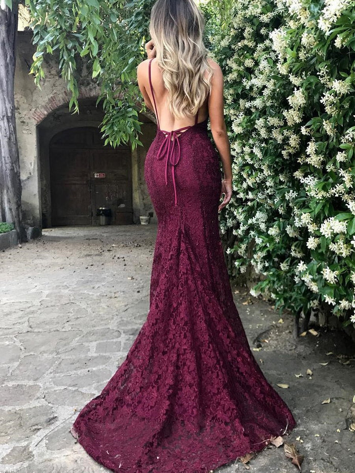 Sexy Spaghetti Straps Trumpet/Mermaid Maroon/Burgundy Lace Prom Dress/ Formal Dress/ Bridesmaid Dress