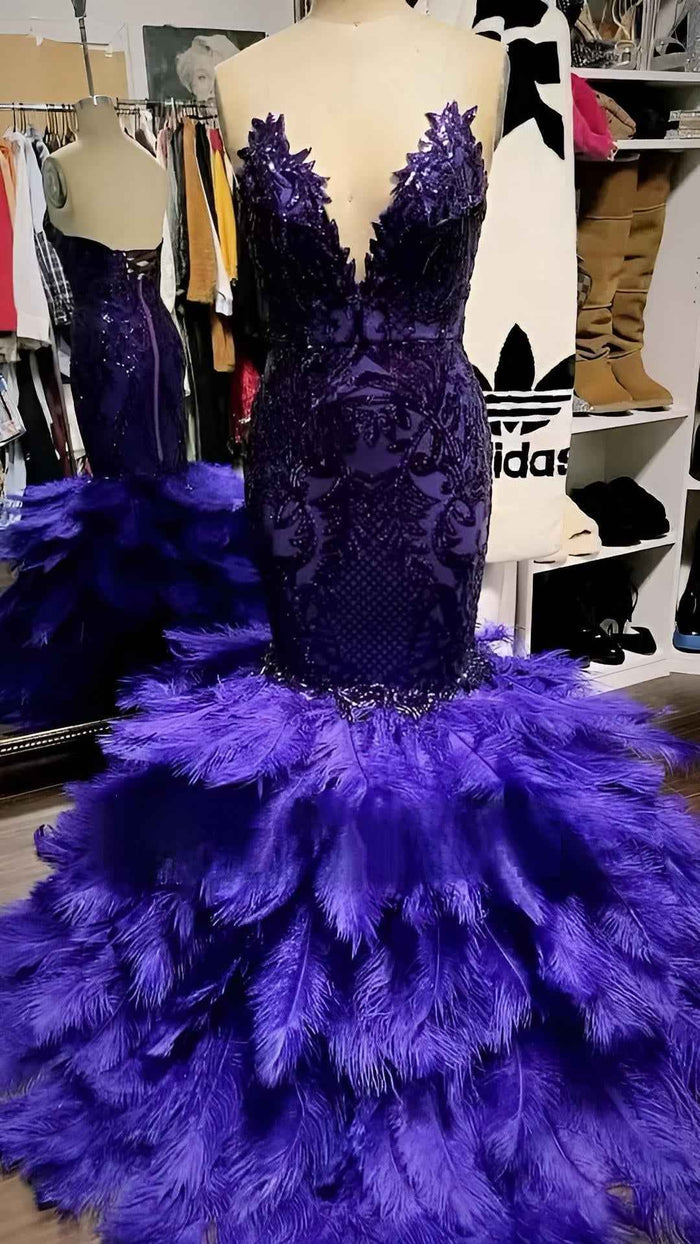 Sexy Sweetheart  Purple Feathers Mermaid Prom Dress