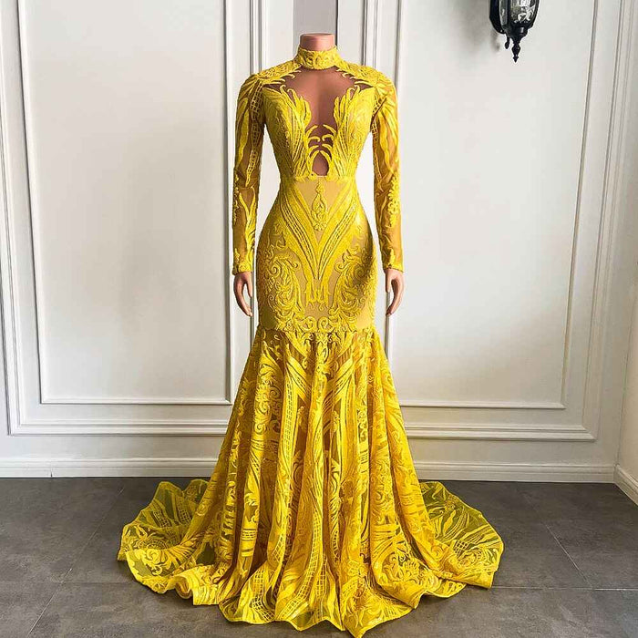 Sexy Yellow Sequin Mermaid Style Long Sleeve High Neck Prom Dress