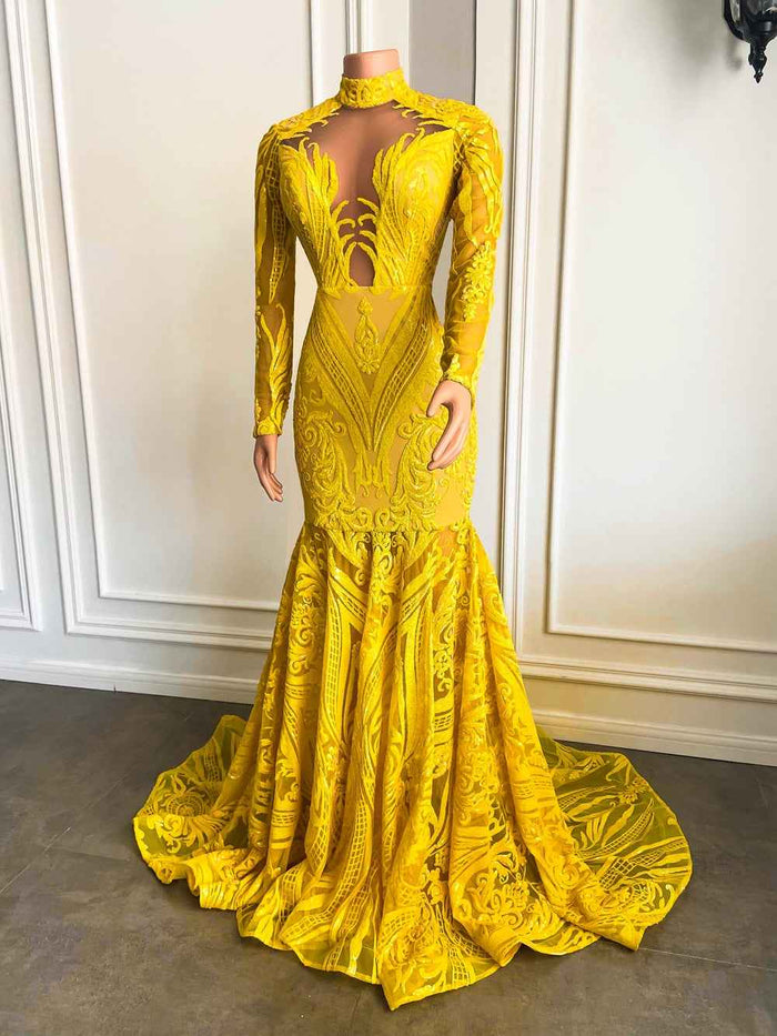 Sexy Yellow Sequin Mermaid Style Long Sleeve High Neck Prom Dress