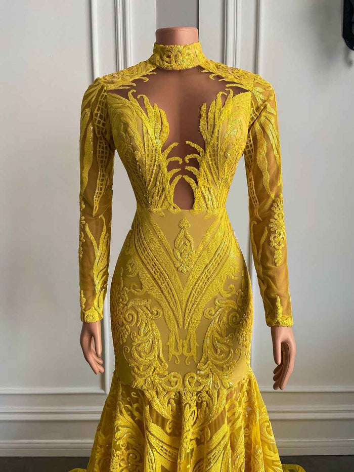 Sexy Yellow Sequin Mermaid Style Long Sleeve High Neck Prom Dress