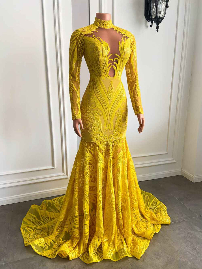 Sexy Yellow Sequin Mermaid Style Long Sleeve High Neck Prom Dress