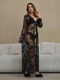 Sheer Lace Long Robe Lingerie – Elegant Women Nightwear Set