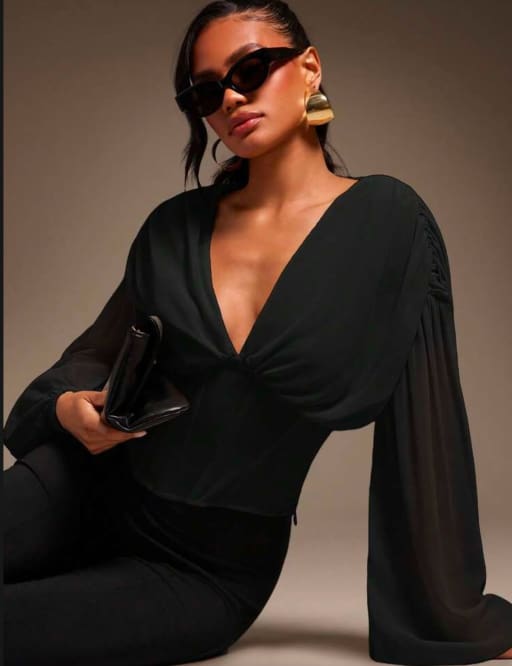 SHEIN Black Deep V Sheer Sleeve Top