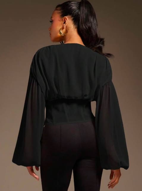 SHEIN Black Deep V Sheer Sleeve Top