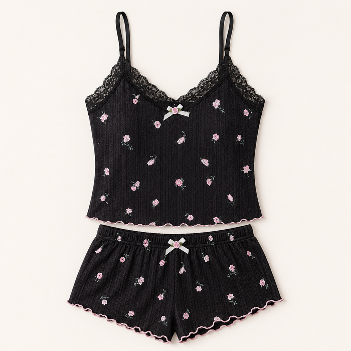 SHEIN Black Floral Lace Cami and Shorts Pajama Set