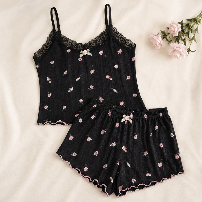 SHEIN Black Floral Lace Cami and Shorts Pajama Set