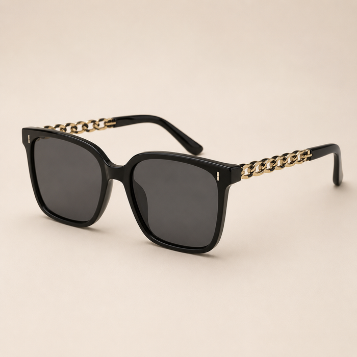 SHEIN Black Square Sunglasses with Chain Temples – Fast Delivery in 5 Days