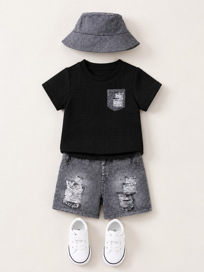 SHEIN Boys 3-Piece Black T-Shirt, Distressed Shorts and Bucket Hat Set
