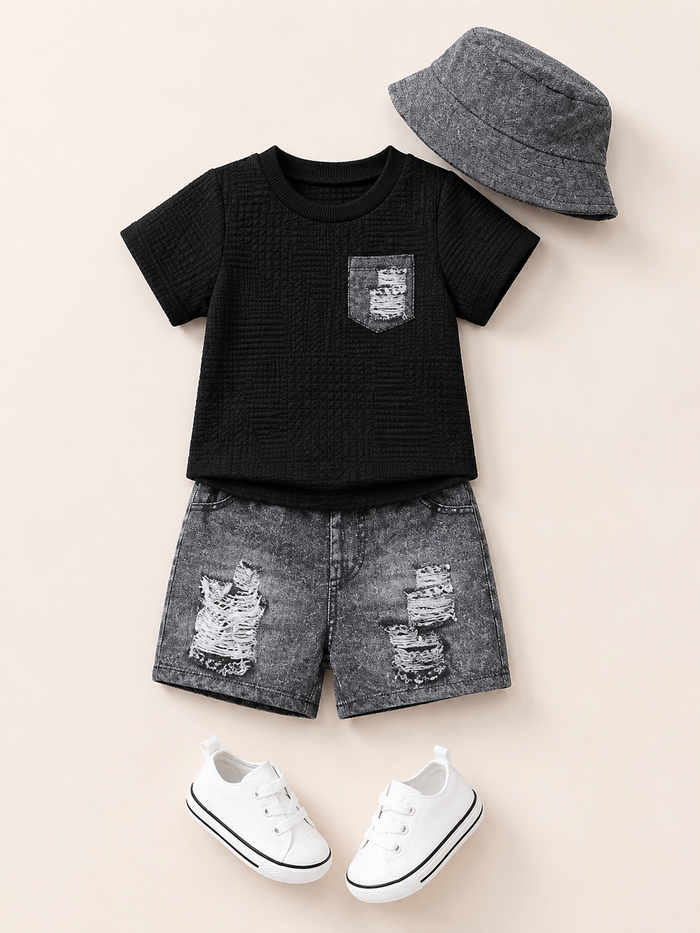 SHEIN Boys 3-Piece Black T-Shirt, Distressed Shorts and Bucket Hat Set