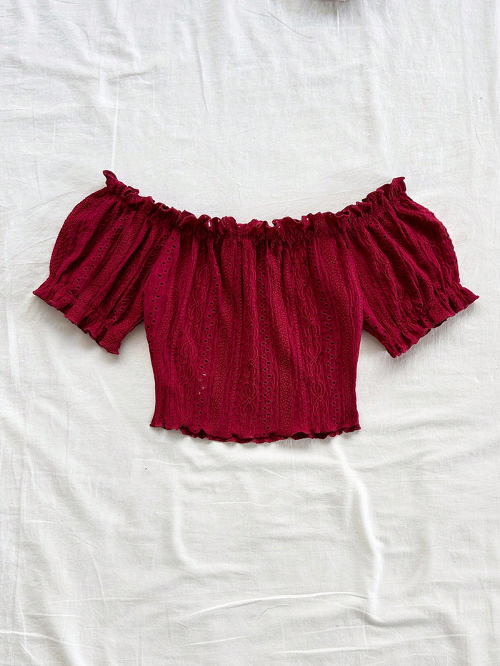 SHEIN Burgundy Off-Shoulder Eyelet Crop Top