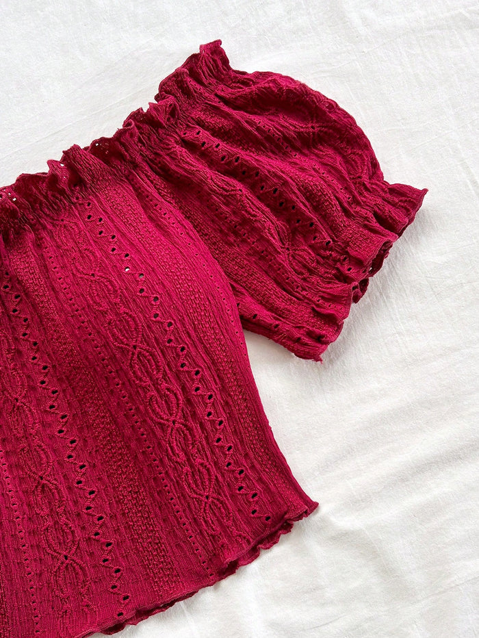SHEIN Burgundy Off-Shoulder Eyelet Crop Top