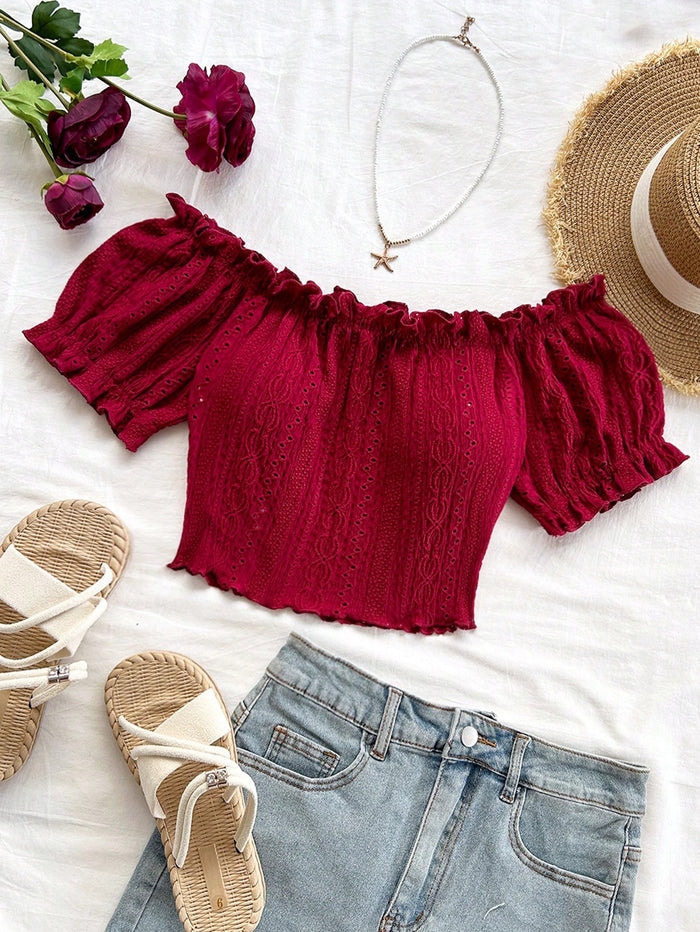 SHEIN Burgundy Off-Shoulder Eyelet Crop Top