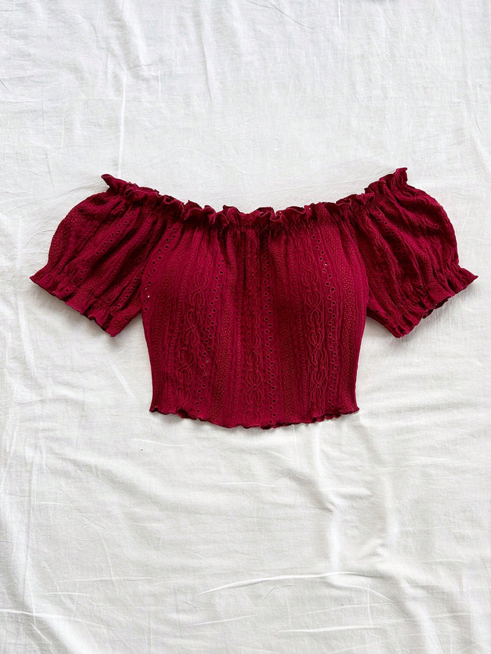 SHEIN Burgundy Off-Shoulder Eyelet Crop Top