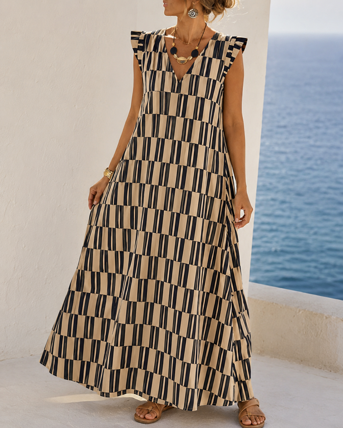 SHEIN Geometric Stripe Sleeveless Tiered Maxi Dress