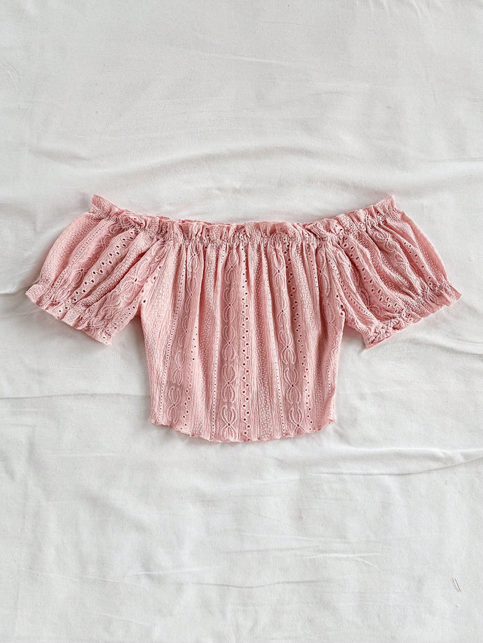 SHEIN Pink Off-Shoulder Eyelet Crop Top