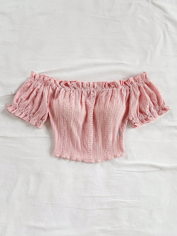 SHEIN Pink Off-Shoulder Eyelet Crop Top