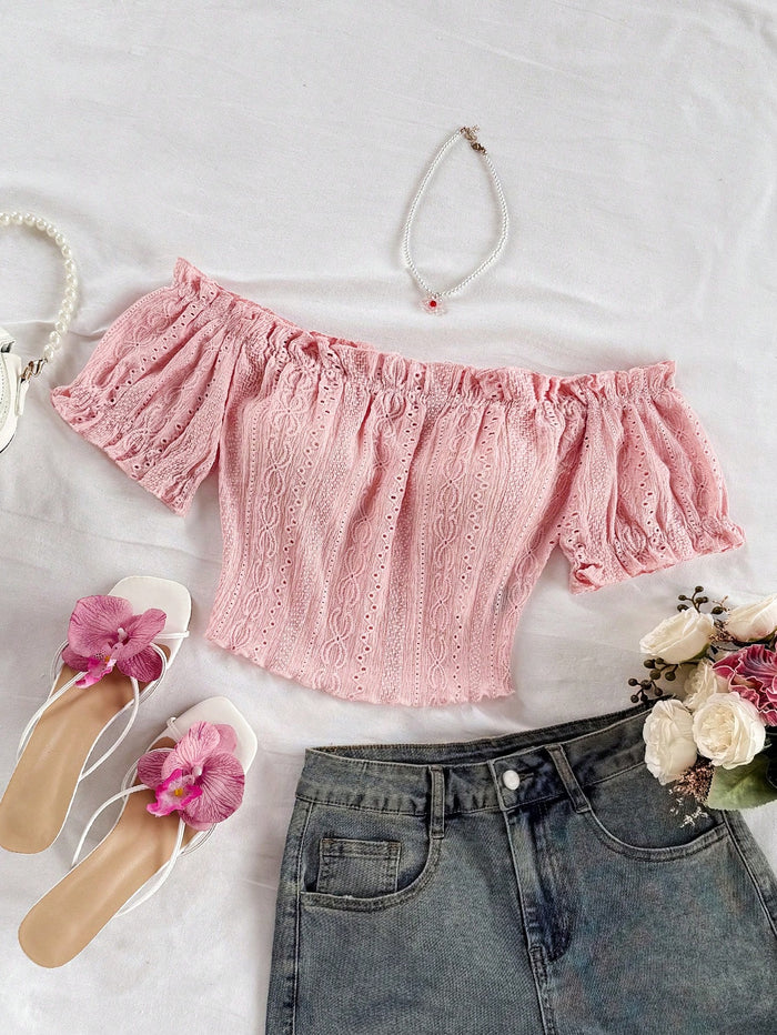 SHEIN Pink Off-Shoulder Eyelet Crop Top