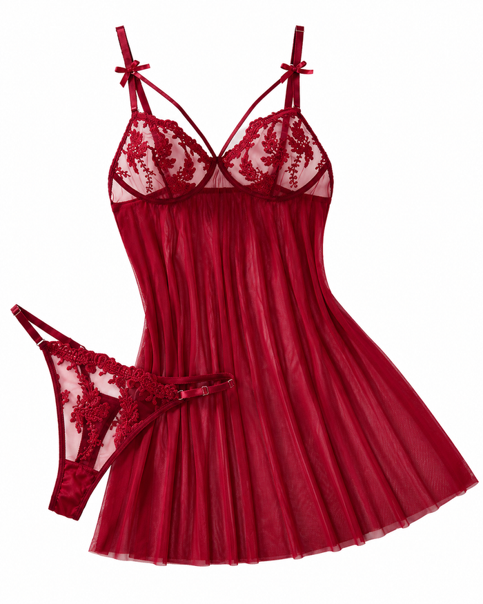 SHEIN Red Embroidered Mesh Babydoll Lingerie Set