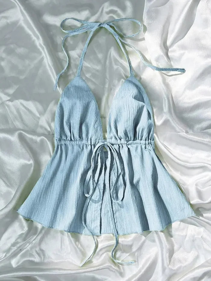 Shein Tie-Front Halter Top â€“ Light Blue | Delicado
